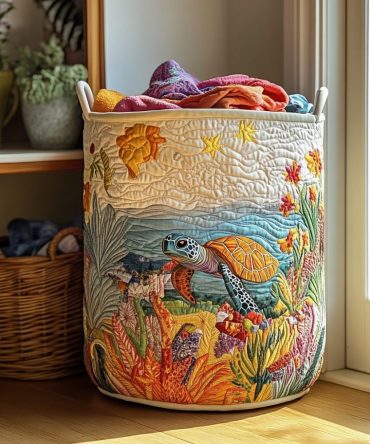 Turtle Path Quilted Laundry Basket - Large Foldable Storage Hamper With Handles, Charming Turtle Print For Beach House & Nursery Organization