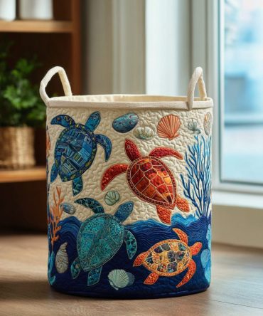 Turtle Shore Quilted Laundry Hamper – Coastal Turtle Design Foldable Laundry Storage With Handles, Machine-Washable Liner For Beach Homes