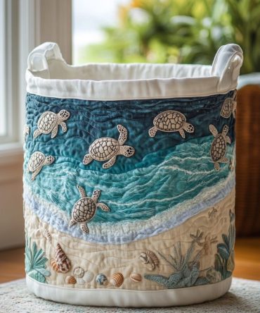 Turtle Shore Quilted Laundry Hamper — Beach-Themed Collapsible Fabric Basket With Handles , Washable Nursery & Home Storage Solution