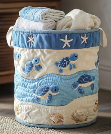 Turtle Tide Quilted Laundry Hamper — Coastal Sea Turtle Laundry Basket, Foldable Washable Storage With Reinforced Handles For Beach Homes