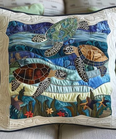 Tidepool Turtle Quilted Throw Pillowcase - Artistic Sea Turtle Decorative Cover For Coastal Decor, Outdoor Patio Cushions & Gift Ideas