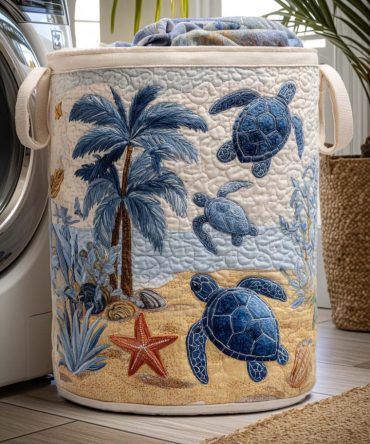 Coastal Turtle Tides Quilted Laundry Hamper — Collapsible Beach-Themed Laundry Basket With Reinforced Handles For Home & Cottage