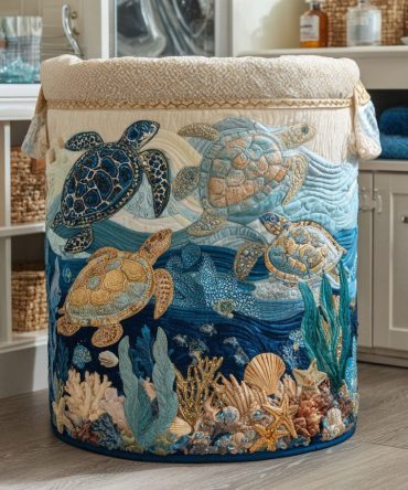 Shell Shine Quilted Hamper — Coastal Turtle Print Fabric Laundry Basket, Nautical Collapsible Storage With Soft Handles For Beach Homes