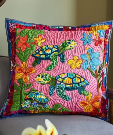 Sea Turtle Quilted Pillow Cover - Coastal Beach Decor Accent, Soft Cotton Blend, Hypoallergenic Pillowcase, Machine Washable
