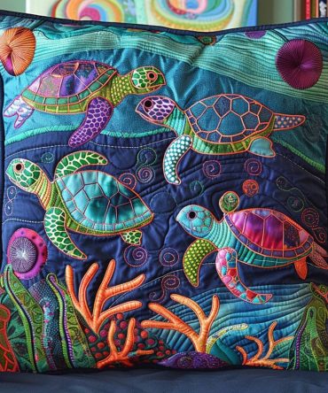 Tranquil Turtle Quilted Pillow Cover - Serene Sea Life Decorative Pillowcase For Sofa, Bedroom & Coastal Cottage Decor, Soft & Durable
