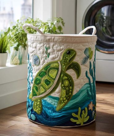Turtle Treasures Quilted Fabric Laundry Hamper — Large Collapsible Washable Basket With Handles For Nursery, Beach & Home Storage
