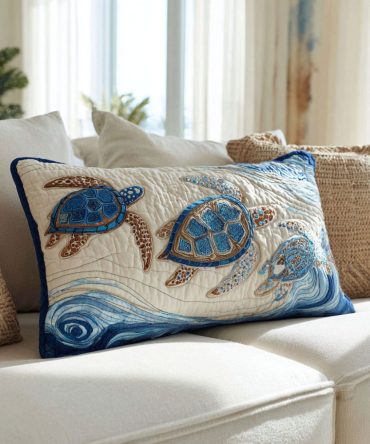 Turtle V2 Quilted Pillow Cover — Coastal & Nautical Quilt-Textured Throw Pillowcase, Stylish Accent For Beach House Or Living Room