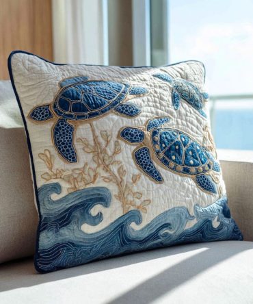 Coastal Turtle Quilted Throw Pillow Cover — Nautical Turtle Decorative Cushion Case For Beach House, Sofa & Patio Accent, Soft & Durable