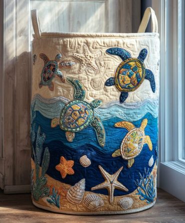 Turtle Wave Quilted Laundry Hamper – Ocean Wave Turtle Motif, Foldable Durable Laundry Storage With Handles & Washable Liner For Family Use