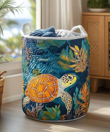 Turtle Wave Quilted Laundry Hamper - Large Collapsible Storage Basket With Handles, Coastal Turtle & Wave Design For Functional Home Decor