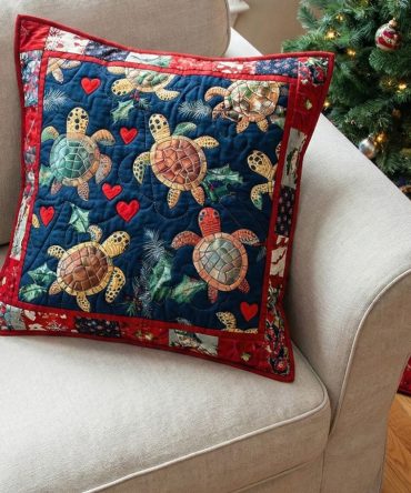 Coastal Turtle Quilted Decorative Pillow Cover - Beachy Nautical Throw Pillowcase For Seaside, Kids' Rooms & Cottage Decor