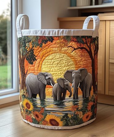 Tusker Charm Quilted Laundry Hamper - Elephant Pattern, Heavy-Duty Foldable Fabric Basket With Reinforced Handles For Laundry