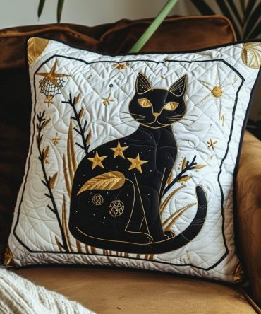 Twilight Cat Reflections Quilted Pillow Cover — Moody Decorative Throw Pillowcase For Cozy Living Room & Bedroom