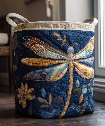 Decorative Quilted Laundry Hamper – Twilight Dragonfly Print, Collapsible Fabric Basket With Handles & Washable Liner For Modern Homes