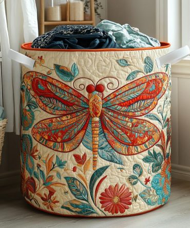 Twilight Dragonfly Quilted Laundry Hamper — Foldable Patterned Fabric Laundry Basket With Handles For Stylish Storage