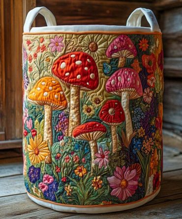 Twilight Meadow Mushroom Quilted Laundry Hamper — Floral Fungi Storage Basket For Home & Dorm, Lightweight Foldable Design