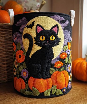 Twilight Meow Quilted Cat Laundry Hamper — Foldable Decorative Storage Basket For Bedroom, Nursery & Kids; Durable & Collapsible