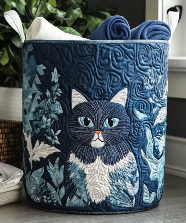 Twilight Tabbies Quilted Laundry Hamper — Cute Cat Print Foldable Laundry Basket, Soft Quilted Fabric With Handles