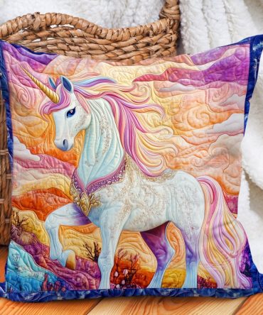 Twilight Unicorn Quilted Pillow Cover - Magical Unicorn Design Decorative Throw Pillowcase, Soft Pastel, Kids Room Gift