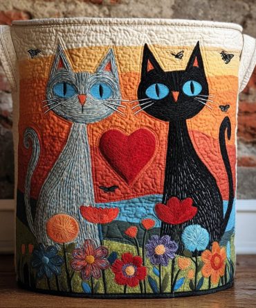 Twilight Whiskers Quilted Laundry Hamper - Elegant Cat Motif Clothes Organizer With Handles, Evening-Inspired Bedroom Storage