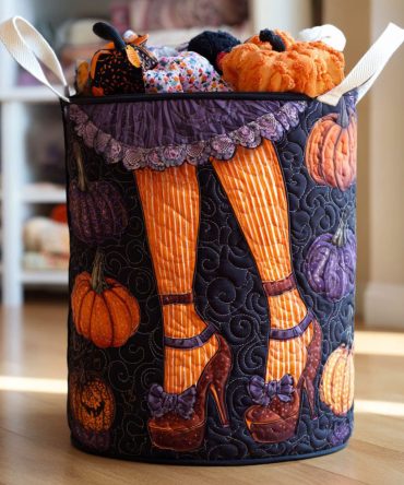 Seasonal Quilted Laundry Hamper — Twilight Witch Pattern, Foldable Fabric Storage Basket With Reinforced Handles