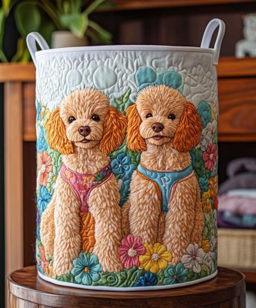 Twin Blossom Poodles Quilted Laundry Hamper — Charming Floral Poodle Design Quilted Basket, Collapsible Laundry Storage With Soft Handles