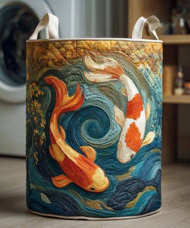 Contemporary Quilted Storage Hamper - Twin Currents Koi Fabric Organizer, Foldable Laundry & Multi-Purpose Home Basket, Durable