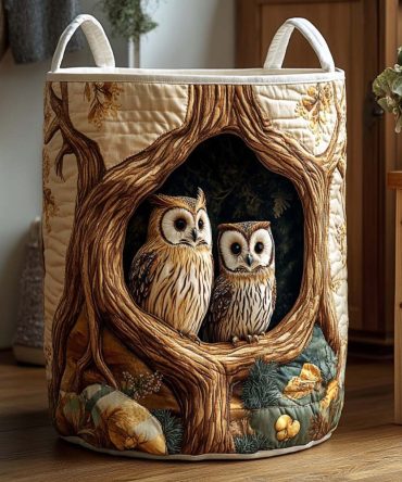 Twin Owls Forest Den Quilted Laundry Hamper — Cute Owl Print Foldable Laundry Basket For Kids' Rooms, Nurseries & Gifts