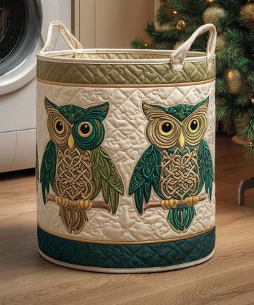 Twin Owls Quilted Fabric Hamper — Playful Cozy Laundry Basket With Padded Quilting, Reinforced Handles & Fold-Flat Convenience