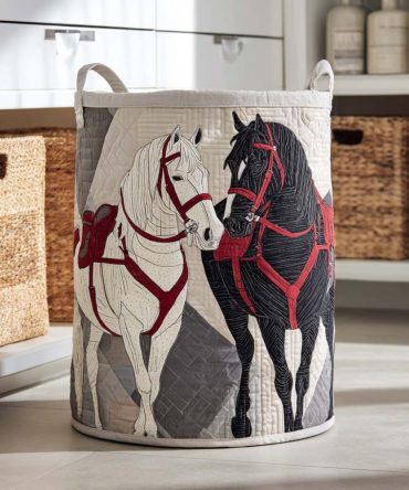 Twin Steed Quilted Laundry Hamper — Matching Horse Pair Decorative Fabric Basket With Reinforced Handles, Waterproof Liner & Foldable Frame