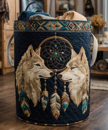 Twin Wolves Quilted Laundry Hamper — Bold Wildlife Quilted Basket, Collapsible & Sturdy For Home, Cabin, Or Dorm