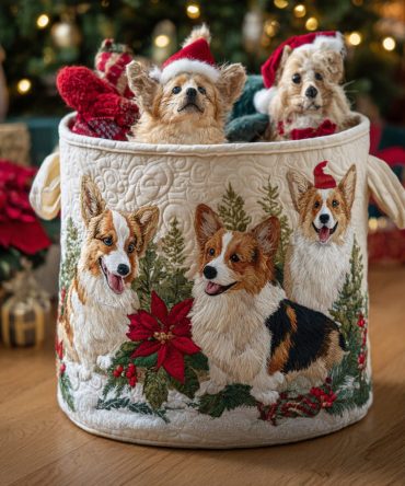 Twinkling Corgi Night Quilted Laundry Hamper — Glow-Inspired Dog Design, Collapsible Fabric Storage Basket For Kids