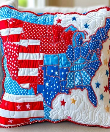 Usa Patch Map Quilted Throw Pillow Cover — Patriotic Map-Design Decorative Pillowcase, Durable Quilted Cotton-Blend For Living Room & Porch Styling