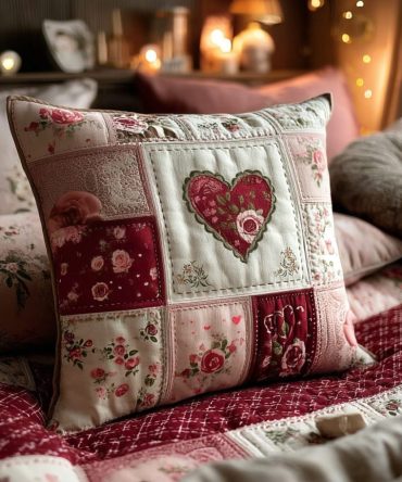 Valentine Patchwork Quilted Pillow Cover - Romantic Heart Throw Pillowcase For Valentine'S, Nursery & Charming Cottage Decor