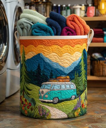 Valley Van Quilted Laundry Hamper — Vintage Camper Print Collapsible Basket With Handy Handles For Rustic Bedroom & Dorm Organization