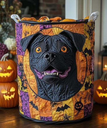 Vampire Pitbull Quilted Laundry Hamper - Spooky Dog Print Collapsible Washable Storage Basket For Halloween & Everyday Use