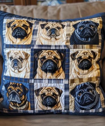 Colorful Pug Pack Quilted Throw Pillow Cover — Multi-Pug Illustration Cushion For Animal Lovers, Unique Pet-Themed Decor