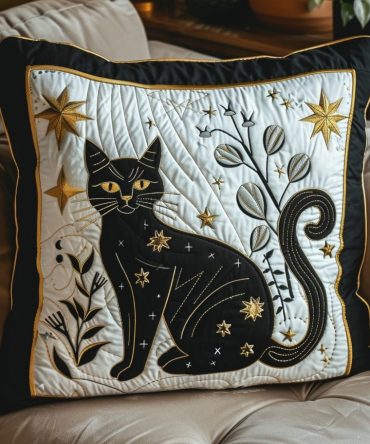 Luxurious Velvet Night Cat Quilted Pillow Cover — Soft Decorative Throw Pillowcase For Bedroom & Living Room