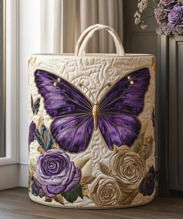 Velvet Wings Quilted Laundry Hamper - Luxe Velvet-Trim Storage Basket, Collapsible & Machine-Washable Fabric Organizer