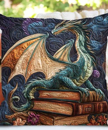 Verdant Dragonheart Quilted Pillow Cover: Green Fantasy Dragon Motif Cushion Case, Textured Boho Accent, Durable & Washable