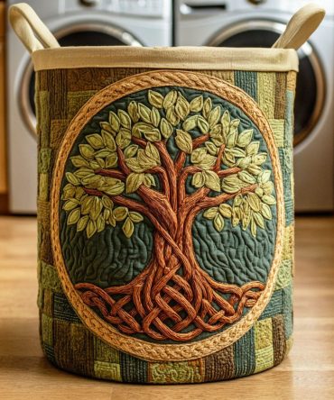 Verdant Life Tree Quilted Laundry Hamper — Botanical Fabric Laundry Basket, Reinforced Base, Portable Handles, Foldable Storage Solution