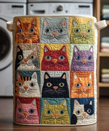 Vibrant Cats Quilted Laundry Hamper — Colorful Cat-Pattern Foldable Basket With Padded Quilting And Reinforced Handles For Everyday Use