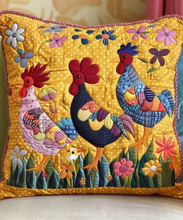 Vibrant Chickens Quilted Decorative Pillow Cover — Colorful Rooster & Hen Cushion Case, Farmhouse Quilted Throw Accent For Kitchen & Living Room