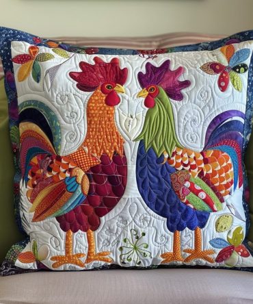Colorful Barnyard Quilted Pillow Cover — Vibrant Chickens Pattern, Soft Durable Fabric, Reversible Decorative Cushion Sham
