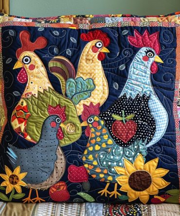 Vibrant Chicken Patchwork Pillow Cover — Colorful Quilted Farmhouse Accent, Durable Cotton Blend, Reversible, Easy Care