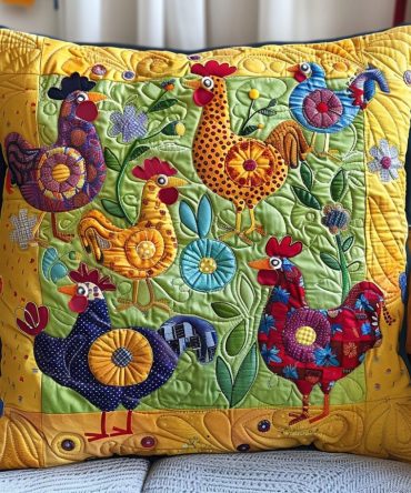 Vibrant Quilted Chicken Throw Pillowcase — Colorful Farm Chicken Design, Eye-Catching Decorative Cover, Soft & Washable