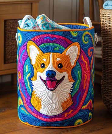 Vibrant Corgi Quilted Laundry Hamper — Bold Pattern Foldable Fabric Basket, Sturdy Handles, Statement Nursery Storage