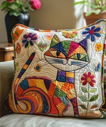 Vibrant Cute Cat Quilted Pillow Cover - Colorful Decorative Pillow Sham, Soft Cotton, Playful Accent For Modern Or Kid-Friendly Spaces