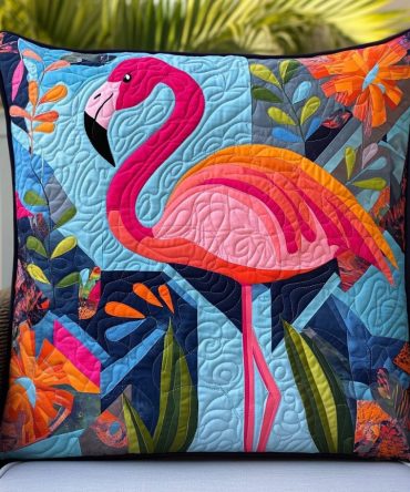 Vibrant Flamingo Tropics Quilted Pillow Cover - Colorful Tropical Print Pillowcase, Durable Quilting, Statement Home Accent For Patio & Bed