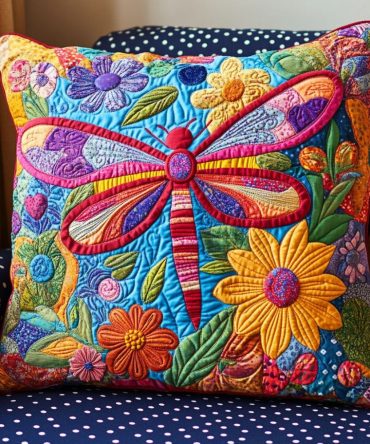 Vibrant Flight Quilted Pillow Cover – Bold Dragonfly & Floral Accent Case For Contemporary Living Rooms, Beds & Outdoor Spaces